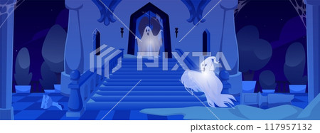 A vector illustration for Halloween, which depicts evil ghosts flying in a ruined castle A vector illustration for Halloween, which depicts evil ghosts flying in a ruined castle 117957132