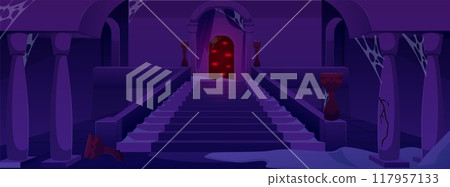 Dark gloomy dungeon with evil spirits with red eyes. 117957133