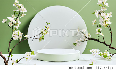 Fresh and minimal green podium with flowers, perfect for spring beauty product mockups on a lush background Fresh and minimal green podium with flowers, perfect for spring beauty product mockups on a lush background 117957144