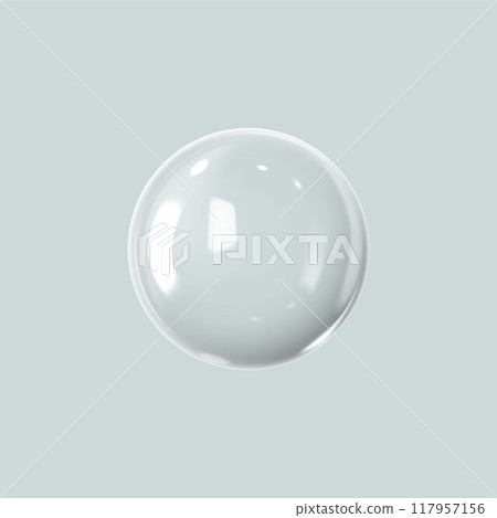 Realistic 3D glass ball with glares and highlights, vector glossy white circle pearl effect, transparent volume sphere Realistic 3D glass ball with glares and highlights, vector glossy white circle pearl effect, transparent volume sphere 117957156