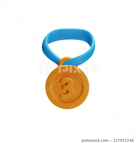 Gold metal 3d medal badge around the neck for 3rd place on a white backgroun 117957246
