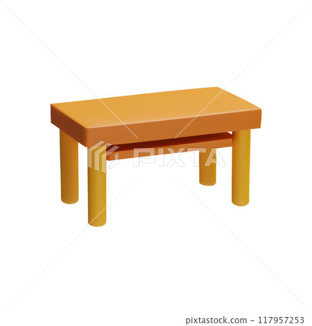Vector 3D illustration depicting a wooden empty table with round legs and a shelf at the bottom. Vector 3D illustration depicting a wooden empty table with round legs and a shelf at the bottom. 117957253