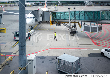 Airplanes at Vaclav Havel International Airport in Prague, capital of the Czech Republic 117957283