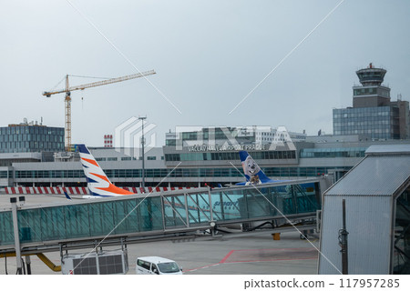 Airplanes at Vaclav Havel International Airport in Prague, capital of the Czech Republic Airplanes at Vaclav Havel International Airport in Prague, capital of the Czech Republic 117957285