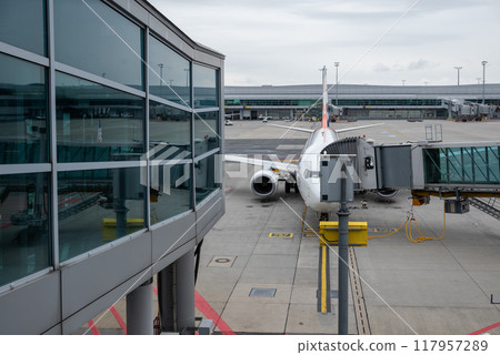 Airplanes at Vaclav Havel International Airport in Prague, capital of the Czech Republic 117957289