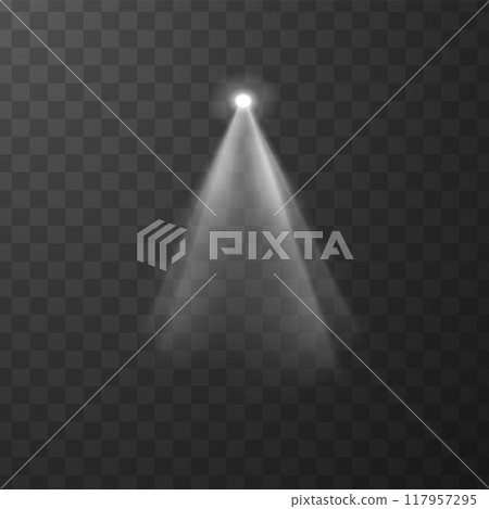 The effect of bright spotlight rays on a transparent background, ideal for design. 117957295