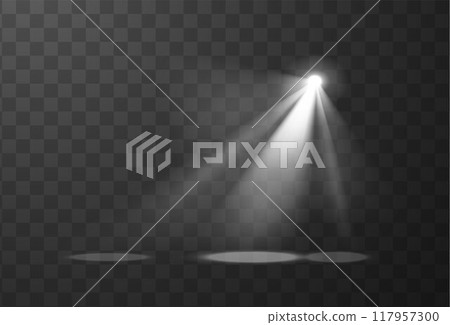 Scene illumination, bright lighting, vector white projector light beams, spotlights effect, blur flashlight radiance 117957300