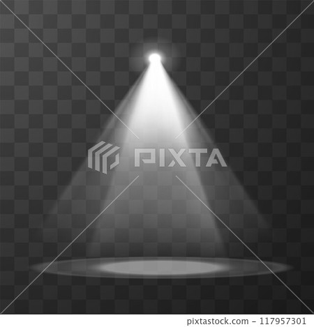 Scene illumination, bright lighting, vector white projector light beam from top, spotlight cone effect, rays radiance 117957301