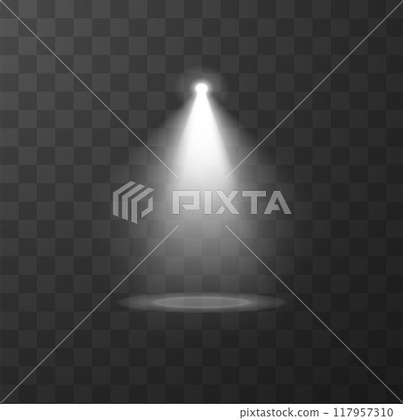 Effect of a bright spotlight with dust and illuminated place on an isolated background. 117957310
