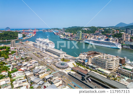 Aerial view of Keelung harbor and Keelung city in north Taiwan 117957315