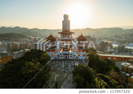 Aerial view of Zhupu Altar and keelung tower in northern Taiwan at dusk 117957320