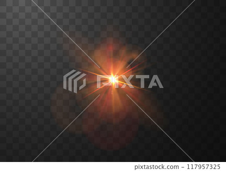 Red sunlight glare effect with halo blur radiance vector illustration, shining light beam, dazzling star rays flash 117957325