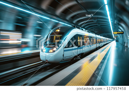 Hydrogen Powered Subway Train in Underground Station Hydrogen Powered Subway Train in Underground Station 117957458