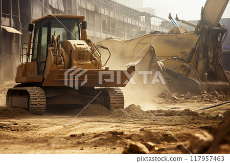 Bulldozer Operating at a Dusty Construction Site Bulldozer Operating at a Dusty Construction Site 117957463