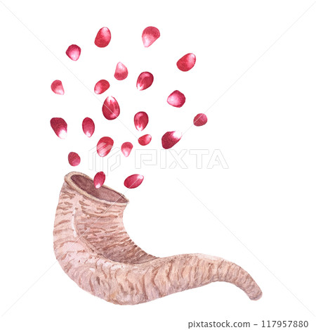 Shofar with pomegranate flowers and seeds coming out of it watercolor composition isolated on white. Hand drawn illustration for Rosh Hashanah cards, posters, designs, prints. Festive autumn clip art Shofar with pomegranate flowers and seeds coming out of it watercolor composition isolated on white. Hand drawn illustration for Rosh Hashanah cards, posters, designs, prints. Festive autumn clip art 117957880
