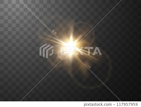 Vector yellow flash effect with bright rays and round highlights on a transparent background Vector yellow flash effect with bright rays and round highlights on a transparent background 117957959