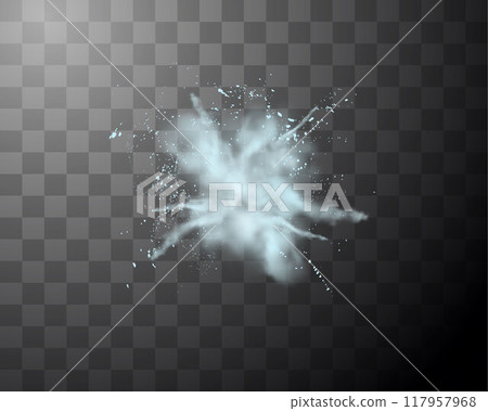 Light blue powder explosion or dust burst with smoke realistic vector illustration, splash of paint flour with particles Light blue powder explosion or dust burst with smoke realistic vector illustration, splash of paint flour with particles 117957968