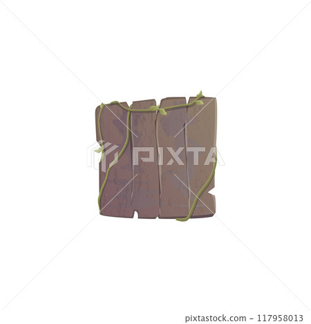 Old wood signboard with liana leaves, vector cartoon empty brown plank wooden texture, text space, timber square blank Old wood signboard with liana leaves, vector cartoon empty brown plank wooden texture, text space, timber square blank 117958013