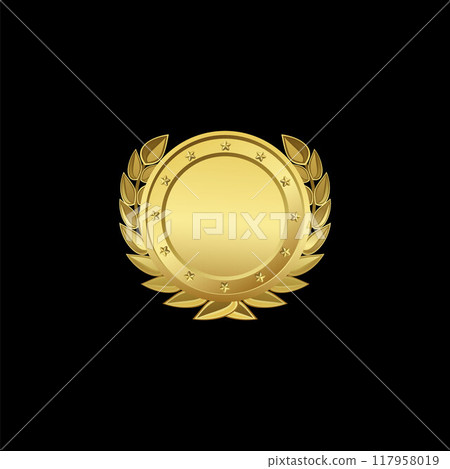 Vector design of shiny blank round medal with laurel wreath and stars on isolated black background. 117958019