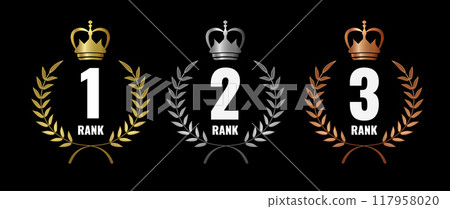 3d illustration of a gold, silver and bronze laurel wreath on a black background 117958020