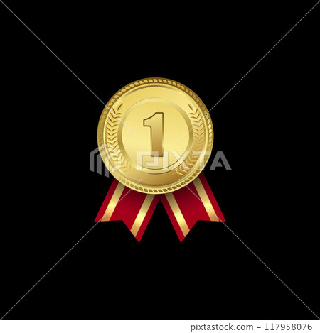 Golden round medal with red ribbon, vector winner badge with first place, laurel wreath, competition best trophy award Golden round medal with red ribbon, vector winner badge with first place, laurel wreath, competition best trophy award 117958076