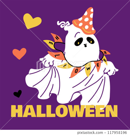 Poster with a nice Ghost in a fly agaric hat with a colorful garland of flags. 117958196