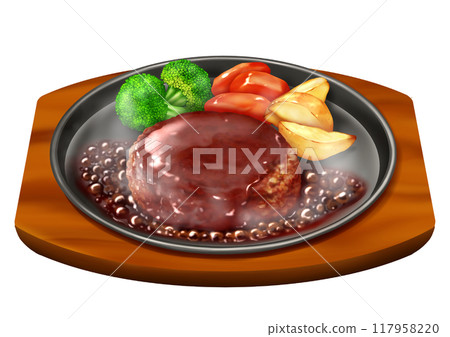 Hamburg steak, side dish, hot plate, steam 117958220