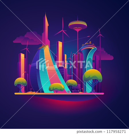 Vector Illustration of a Futuristic Neon City 117958271