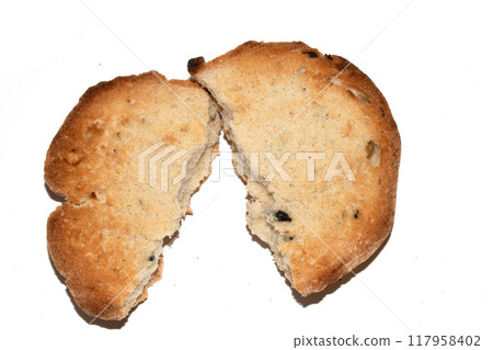 Very Burnt Bread Roll Torn or Cut in Half Toast Close Up Texture 117958402