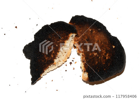 Very Burnt Bread Roll Torn or Cut in Half Toast Close Up Texture Very Burnt Bread Roll Torn or Cut in Half Toast Close Up Texture 117958406