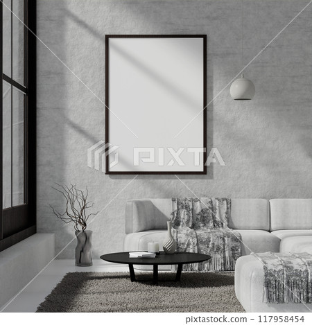 Modern Living Room with Large Blank Frame - Interior Design Focus 3D rendering 117958454