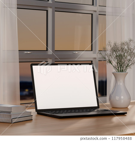 Evening Home Office with Laptop and Books - Serene Work Setting 3D rendering Evening Home Office with Laptop and Books - Serene Work Setting 3D rendering 117958488