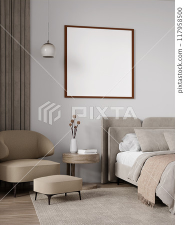 Modern Bedroom with Neutral Tones and Wall Art - Relaxing Atmosphere 3D rendering 117958500
