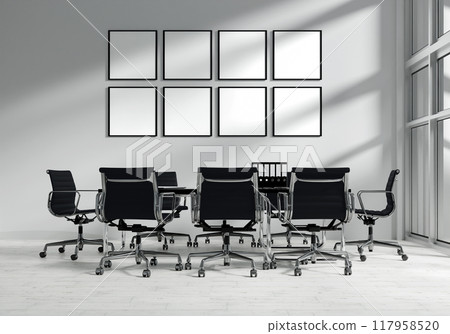 Modern Conference Room with Black Chairs and Blank Frames - Office Interior Design 3D rendering Modern Conference Room with Black Chairs and Blank Frames - Office Interior Design 3D rendering 117958520