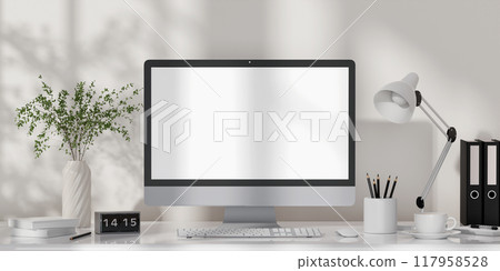 Minimalist Workspace with Desktop Computer and Plant - Home Office Setup 3D rendering Minimalist Workspace with Desktop Computer and Plant - Home Office Setup 3D rendering 117958528