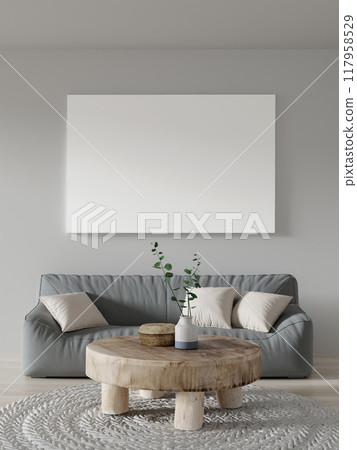 Contemporary Living Space with Sofa and Wooden Coffee Table - Stylish Decor 3D rendering 117958529
