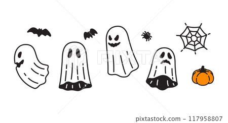 Ghost vector spooky Halloween icon pumpkin bat spider wave logo cartoon character symbol illustration doodle design clip art 117958807