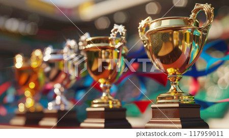 Shiny Gold Trophies in a Row - Celebration of Sports Victory and Achievement Shiny Gold Trophies in a Row - Celebration of Sports Victory and Achievement 117959011