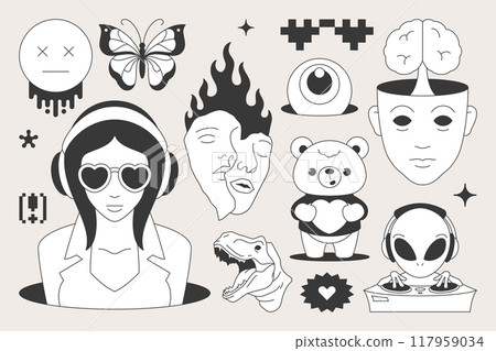 Y2k black minimal retro groovy neo gothic contemporary pop art icon set vector flat illustration 117959034