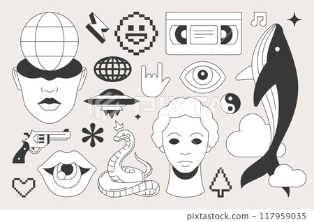 Y2k retro groovy icon set minimal contemporary pop art tattoo vector flat illustration 117959035
