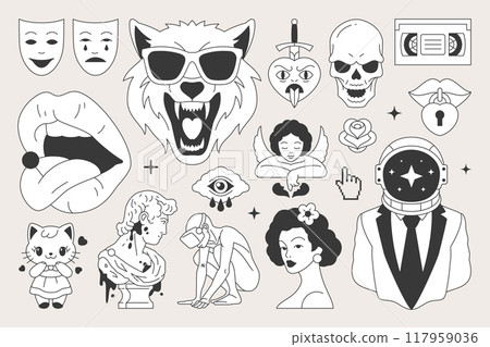 Y2k psychedelic comic retro groovy contemporary pop art icon set vector flat illustration 117959036