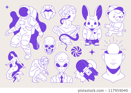 Y2k funky neo gothic psychedelic blue sketch icon set trendy t shirt print vector flat illustration 117959040