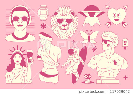 Y2k comic retro groovy psychedelic pink outline icon set vector flat illustration 117959042