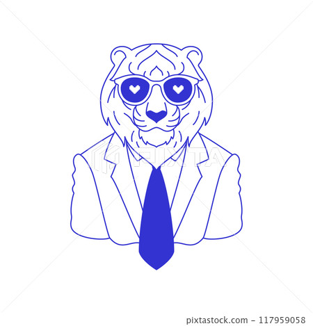 Y2k tiger businessman in love sunglasses portrait blue sketch line icon vector flat illustration 117959058