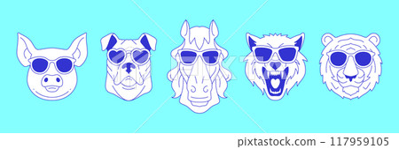 Y2k comic animal portrait in sunglasses contemporary pop art line icon set vector flat illustration 117959105