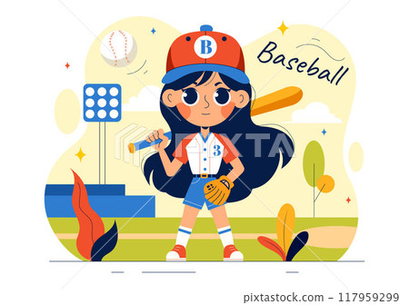 A Baseball Kids Player in Uniform is Throwing, Catching, or Hitting a Ball with Bats and Gloves on a Court Stadium in a Cartoon Vector Illustration A Baseball Kids Player in Uniform is Throwing, Catching, or Hitting a Ball with Bats and Gloves on a Court Stadium in a Cartoon Vector Illustration 117959299