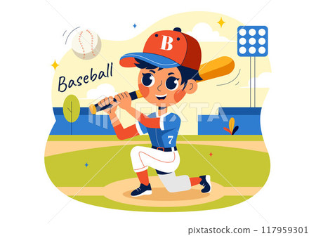 A Baseball Kids Player in Uniform is Throwing, Catching, or Hitting a Ball with Bats and Gloves on a Court Stadium in a Cartoon Vector Illustration 117959301