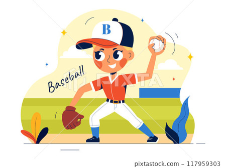 A Baseball Kids Player in Uniform is Throwing, Catching, or Hitting a Ball with Bats and Gloves on a Court Stadium in a Cartoon Vector Illustration A Baseball Kids Player in Uniform is Throwing, Catching, or Hitting a Ball with Bats and Gloves on a Court Stadium in a Cartoon Vector Illustration 117959303