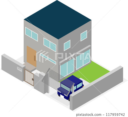 Image of a house with an isometric flip-up car gate Image of a house with an isometric flip-up car gate 117959742