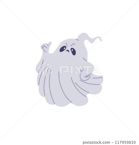A vector illustration for Halloween, which depicts a disgruntled ghost showing a gesture of attention 117959810